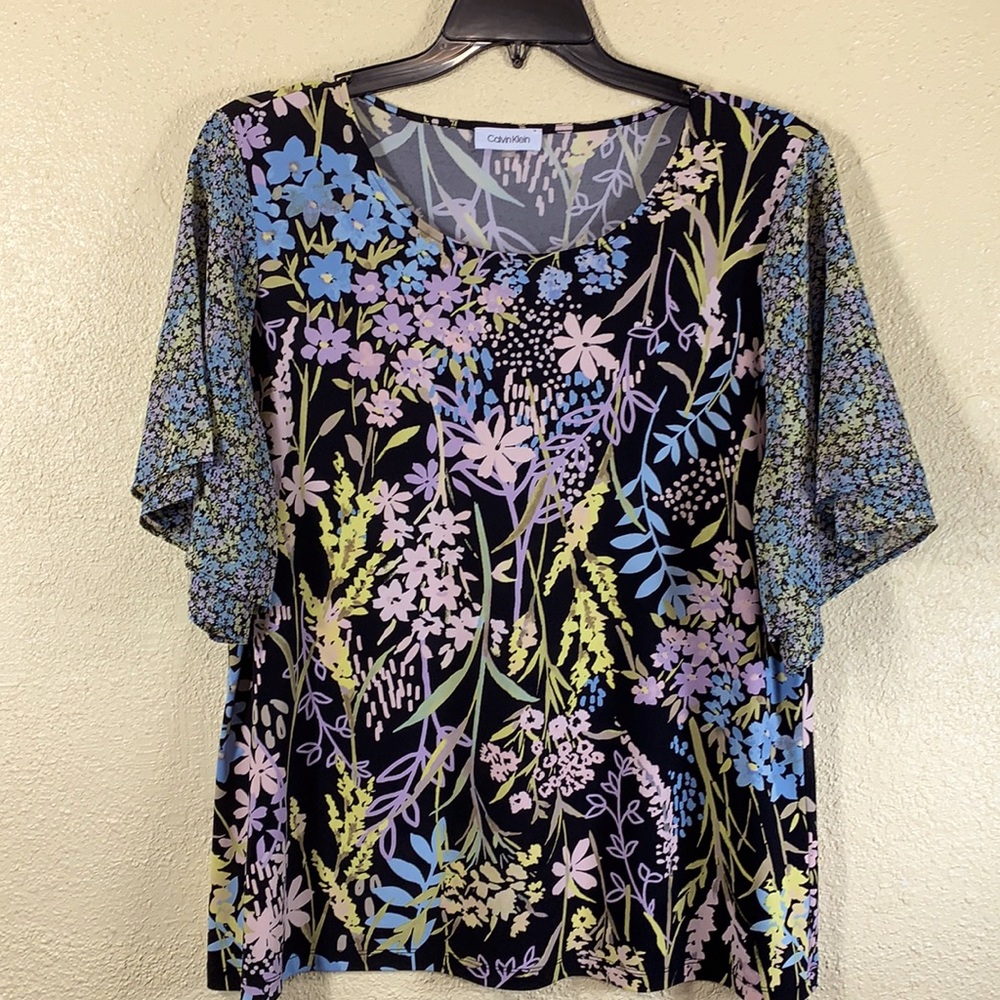 Calvin Klein Knit Top Blouse Floral Blue Black XL